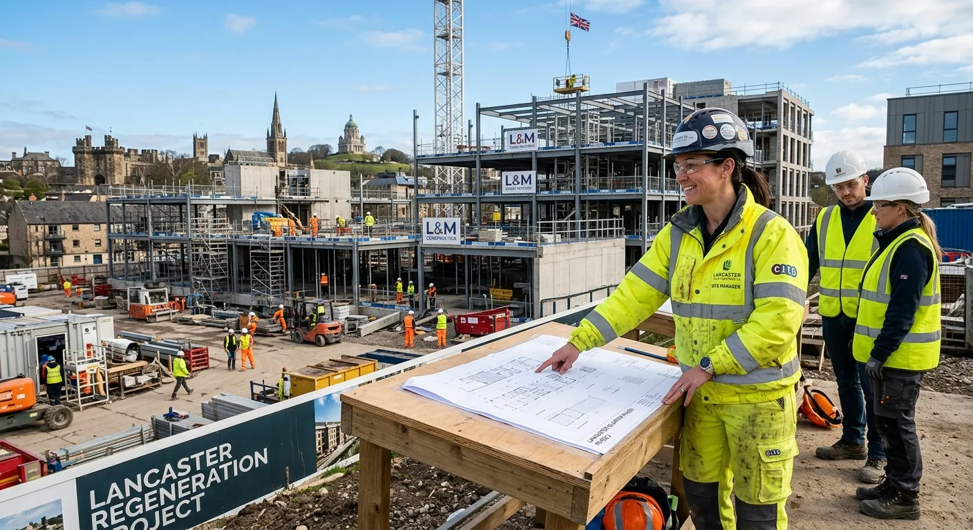 A confident, professional Site Manager in high-visibility clothing on a modern, active construction site in Lancaster, pointing towards project plans with a team of workers in the background. Bright daylight, professional and authoritative mood.