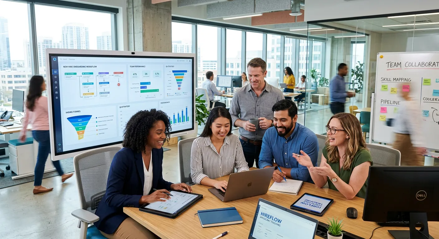A modern, diverse group of professionals collaborating in a bright, tech-enabled office, symbolizing... A modern, diverse group of professionals collaborating in a bright, tech-enabled office, symbolizing efficient hiring and teamwork. Style: Professional, vibrant, forward-looking.