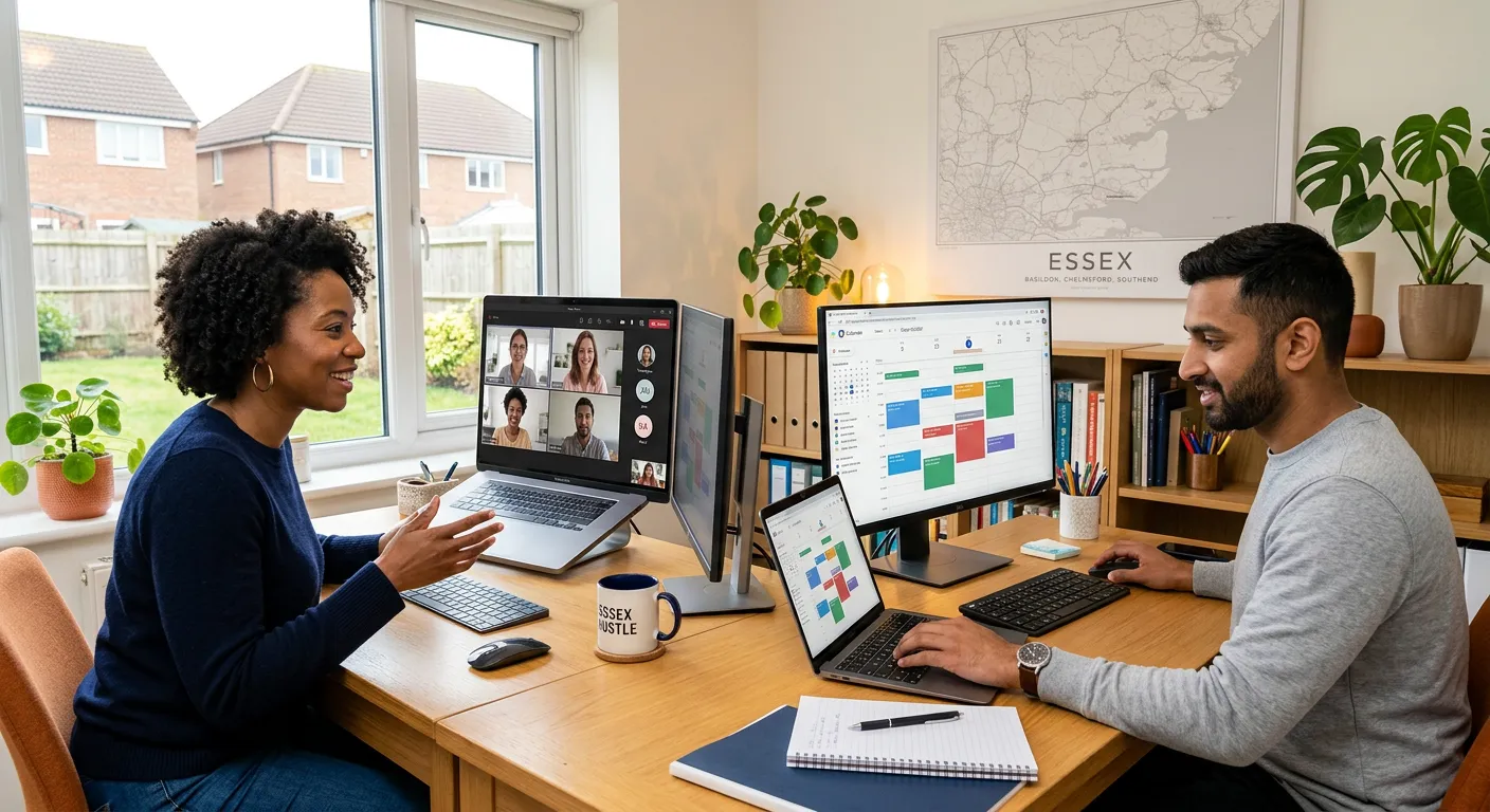 A professional, diverse team collaborating remotely in a modern home office setting. One person is o... A professional, diverse team collaborating remotely in a modern home office setting. One person is on a video call, another is organising a digital calendar. The style is bright, aspirational, and conveys efficiency and modern remote work. Location cues like a map of Essex or Basildon subtly in the background.