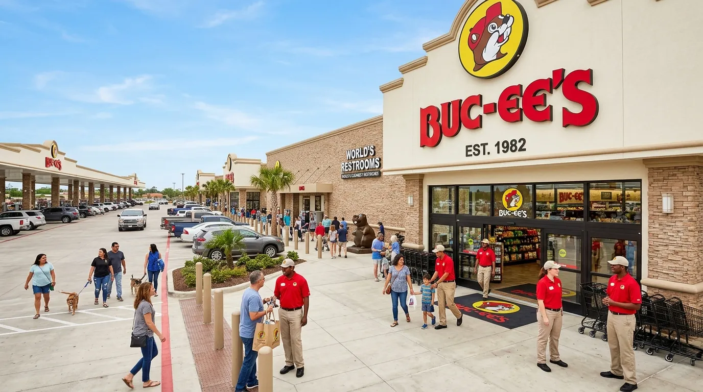 A wide, professional shot of a bustling, clean Buc-ee's travel center storefront with employees in b... A wide, professional shot of a bustling, clean Buc-ee's travel center storefront with employees in branded uniforms assisting customers, showcasing the scale and vibrant atmosphere. Style: Bright, inviting, corporate. Mood: Energetic and successful.