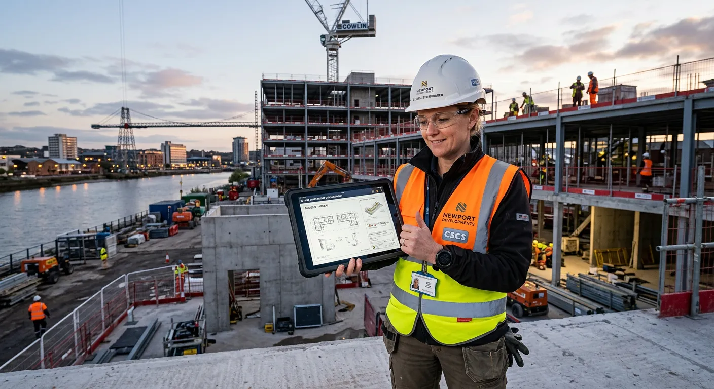 Professional, high-quality photo of a Site Manager in a hi-vis vest and hard hat, confidently reviewing plans on a tablet on a modern construction site in Newport. The mood is dynamic, professional, and trustworthy.
