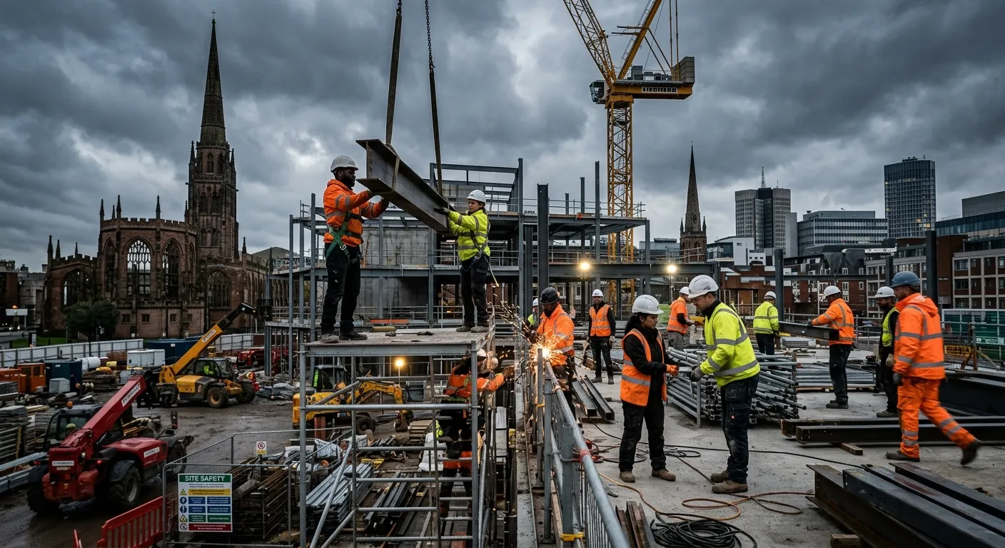 A high-energy, professional construction site in Coventry city centre, featuring diverse labourers i... A high-energy, professional construction site in Coventry city centre, featuring diverse labourers in high-visibility gear working collaboratively against a backdrop of modern architecture and Coventry Cathedral. Moody, dynamic lighting.