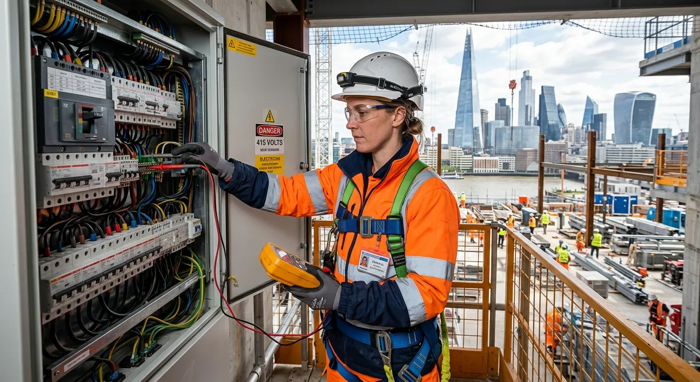 A professional, well-lit electrician in high-visibility workwear, safely testing a complex electrica... A professional, well-lit electrician in high-visibility workwear, safely testing a complex electrical panel on a modern London construction site. The image should convey skill, safety, and the dynamic energy of the city's building projects.