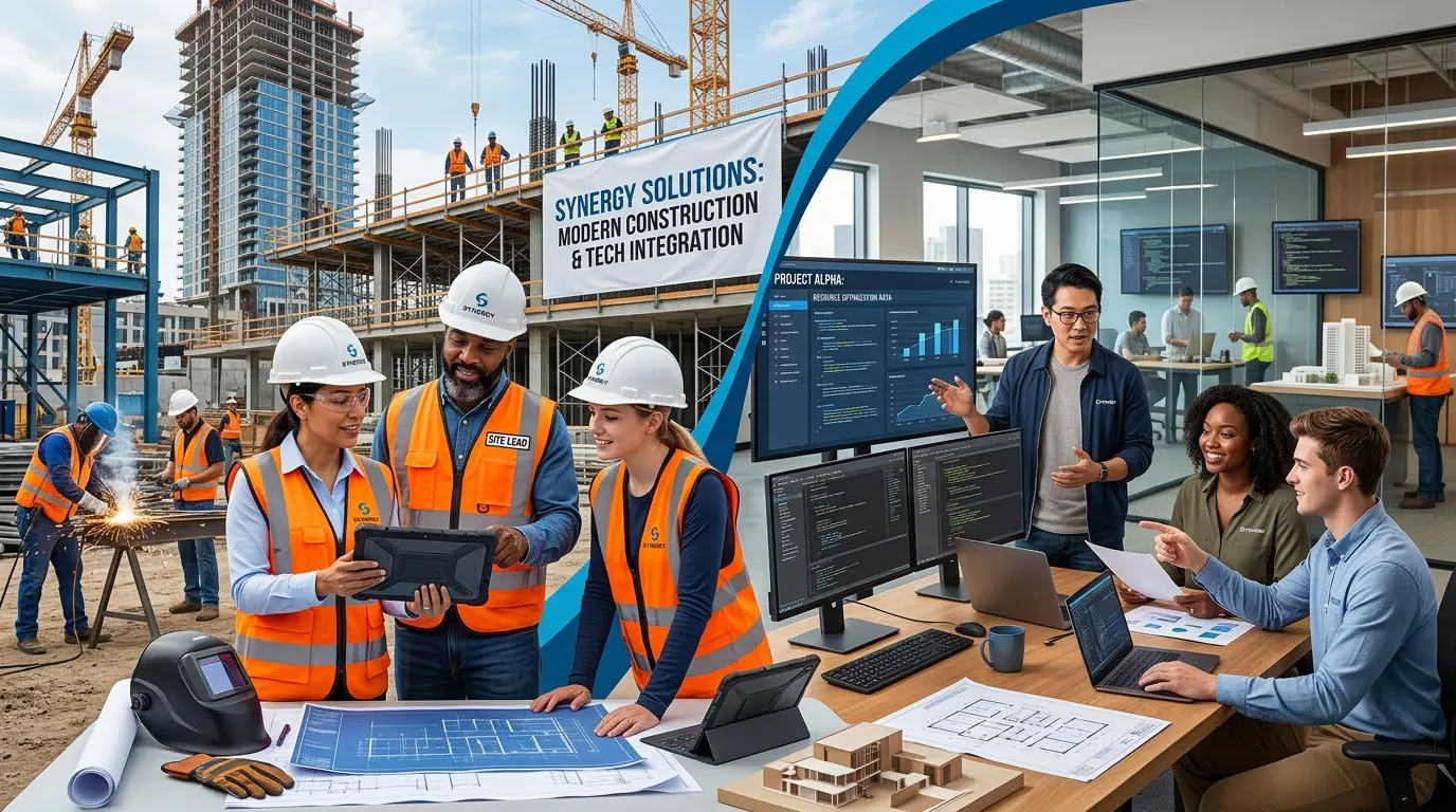 A dynamic, professional hero image showing a diverse team of skilled workers collaborating on a modern construction site and in a tech office, representing seamless integration of augmented staff. Style: modern, high-contrast, vibrant. Mood: professional, energetic, and scalable.