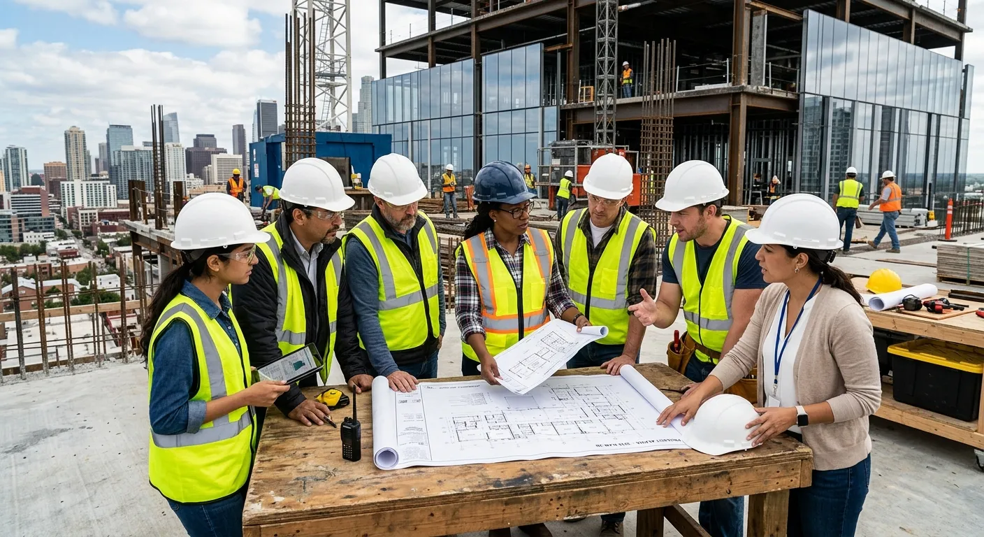 A diverse group of professional construction and office workers collaborating on a modern building s... A diverse group of professional construction and office workers collaborating on a modern building site, with a project manager reviewing plans. Professional, dynamic, and focused mood.
