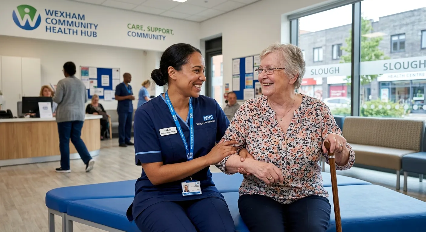 A professional, friendly-looking Healthcare Support Worker in a modern clinical setting in Slough, assisting a patient with a warm smile. Style: Authentic, high-quality stock photo with a focus on care and compassion. Mood: Trustworthy, professional, and community-focused.