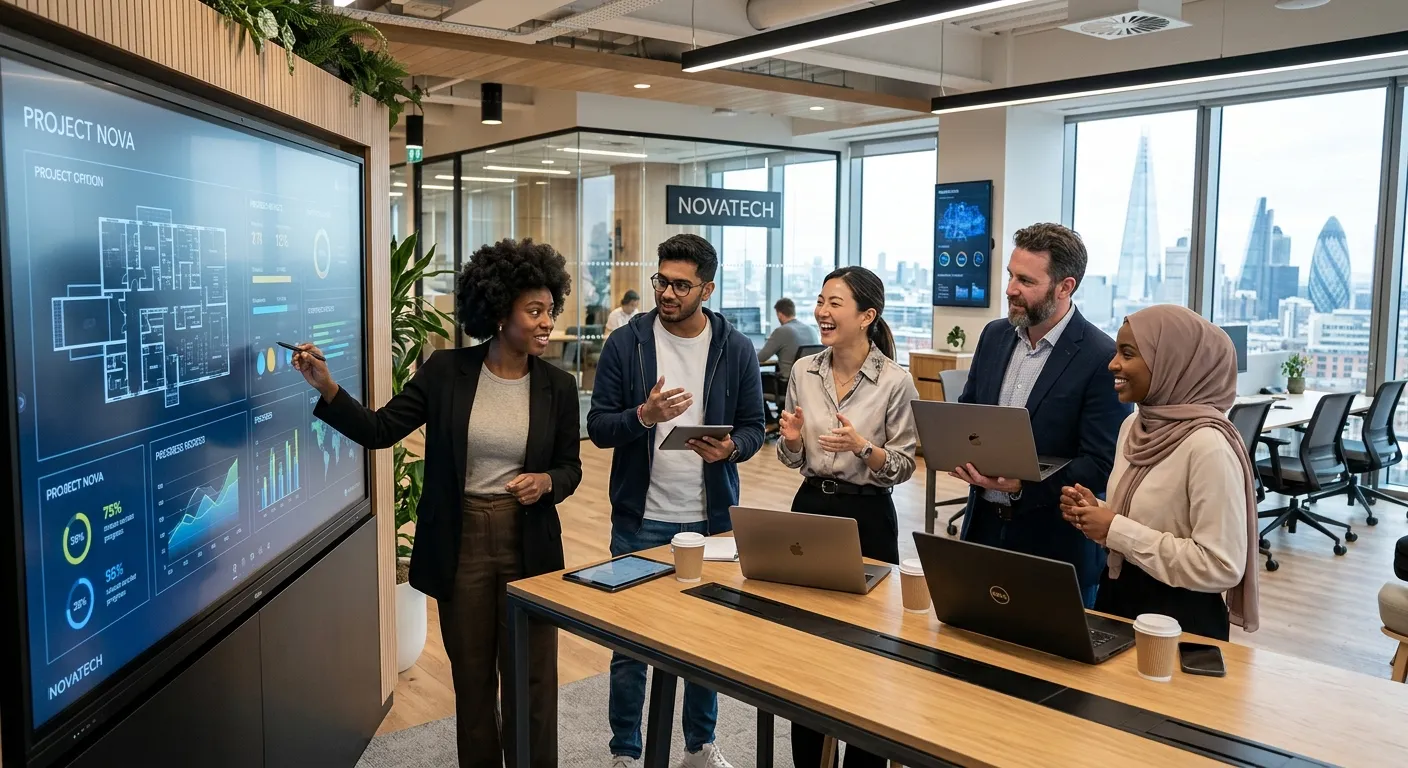 A diverse team of modern professionals collaborating in a bright, high-tech office. Style is realistic and aspirational, with a focus on teamwork and technology. Mood is professional, dynamic, and forward-thinking.