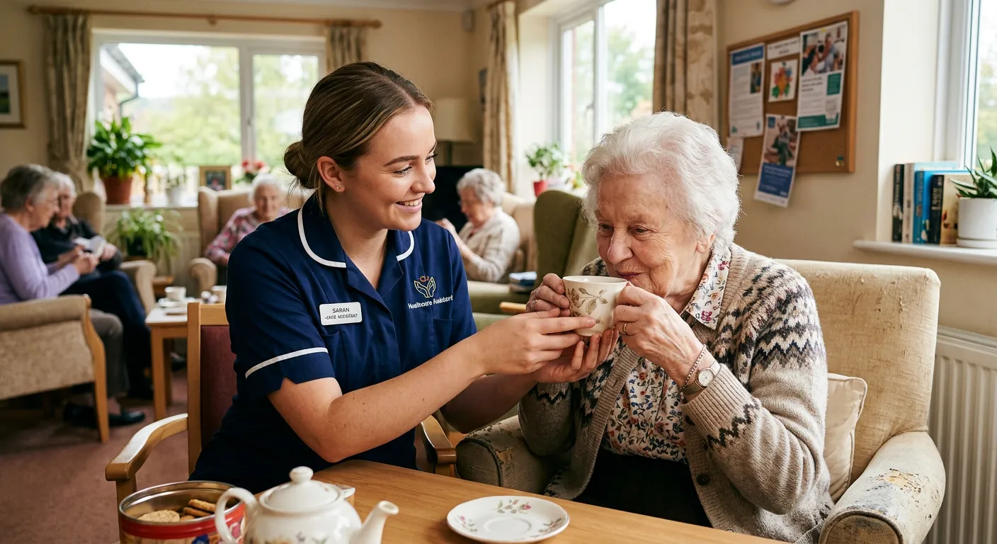 Professional, welcoming photo of a Care Assistant in a residential care home setting in Barnsley, gently assisting an elderly resident with a cup of tea. The image should convey compassion, professionalism, and a positive, supportive environment.