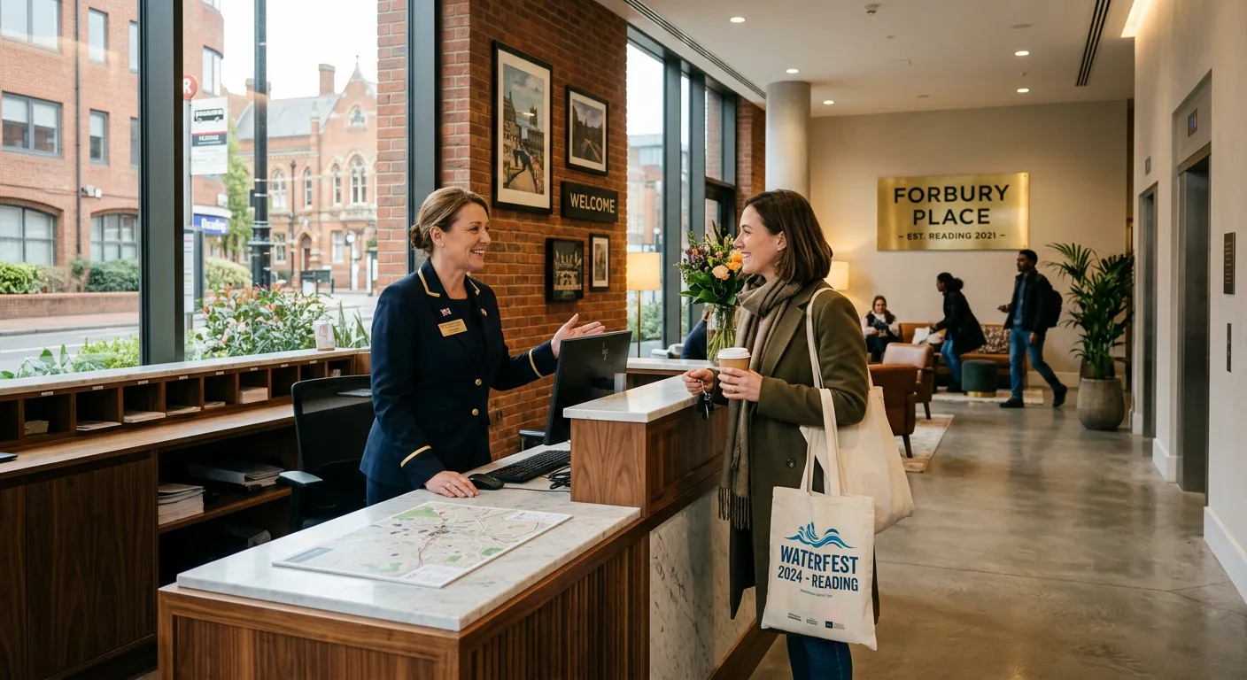A professional, welcoming Concierge in a smart uniform greeting a resident in a modern apartment bui... A professional, welcoming Concierge in a smart uniform greeting a resident in a modern apartment building lobby in Reading. The image should convey trust, professionalism, and a local Reading feel.