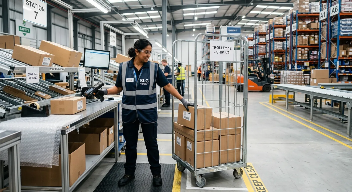 A professional, well-lit photo of a focused warehouse operative in a modern Slough distribution cent... A professional, well-lit photo of a focused warehouse operative in a modern Slough distribution centre, efficiently scanning and packing items onto a trolley. The image conveys productivity, safety, and a clean work environment.