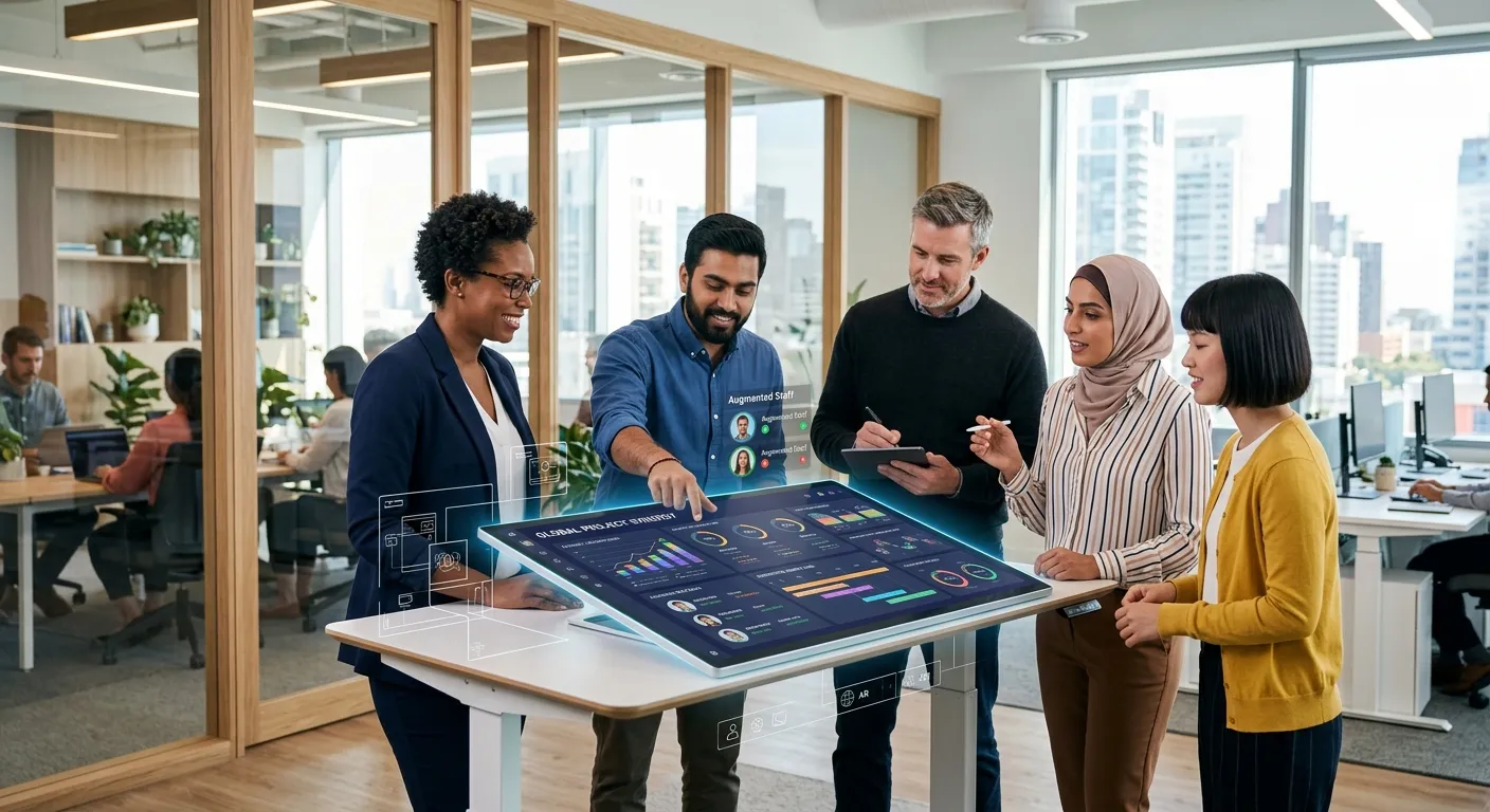 A diverse team of professionals in a modern office collaborating over a digital screen, showing seam... A diverse team of professionals in a modern office collaborating over a digital screen, showing seamless integration of augmented staff. Style: Bright, professional, high-resolution. Mood: Collaborative, innovative, and efficient.