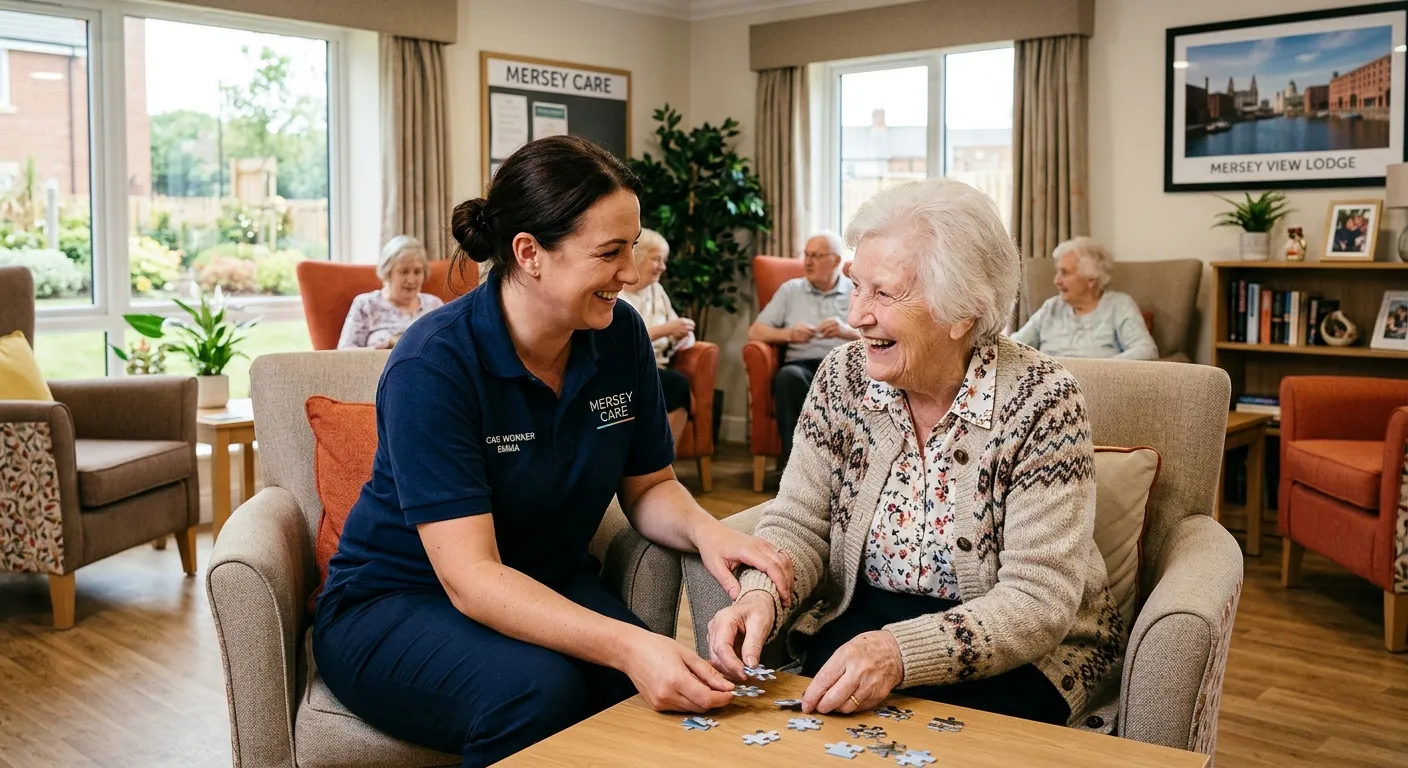 A warm, professional photo of a friendly Care Worker in a modern residential care home in Liverpool,... A warm, professional photo of a friendly Care Worker in a modern residential care home in Liverpool, assisting a senior resident with a smile, showcasing a supportive and compassionate environment.