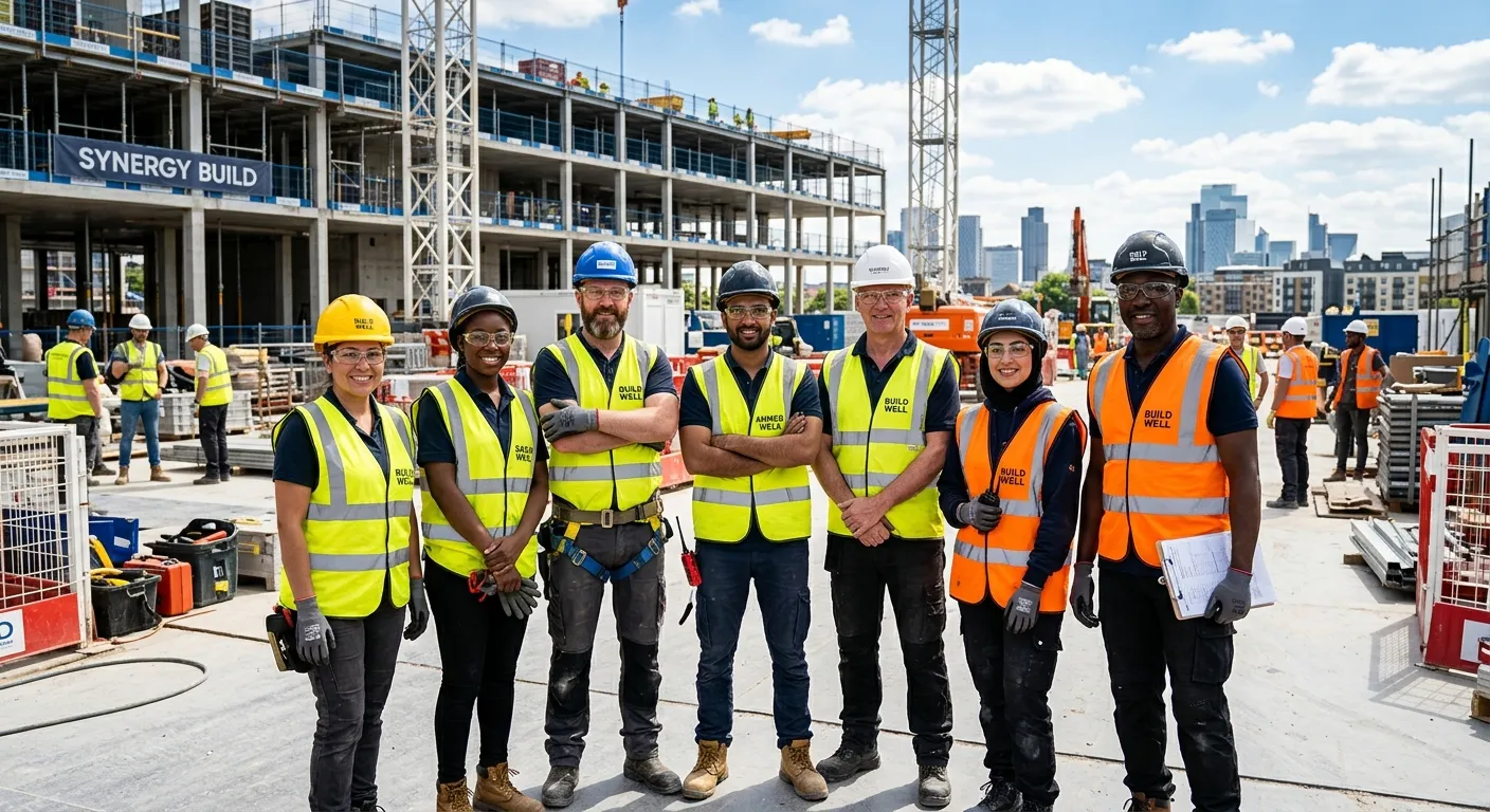 A professional hero shot of a diverse group of skilled construction labourers, smiling and looking confidently at the camera, wearing high-visibility vests and hard hats on a bright, well-organized modern construction site. The style is vibrant and aspirational, focusing on teamwork and opportunity.