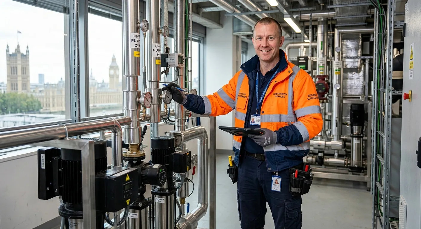 A professional photo of a Maintenance Operative in high-visibility clothing, smiling while performin... A professional photo of a Maintenance Operative in high-visibility clothing, smiling while performing a routine check on commercial building equipment in a modern Westminster office setting, conveying trust and competence.