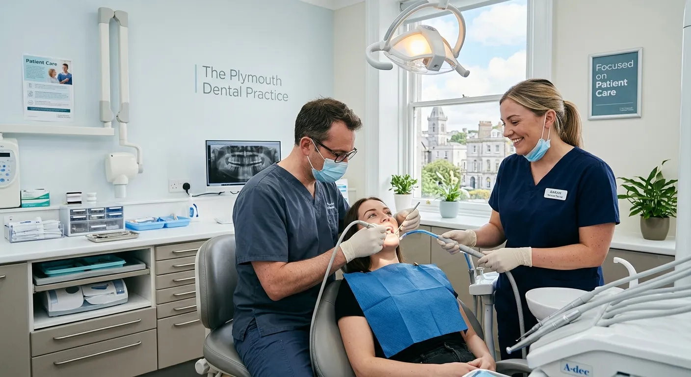A professional and welcoming dental practice in Plymouth, featuring a friendly Dental Nurse in scrubs assisting a dentist in a modern, bright treatment room. The style should be authentic, clean, and focused on patient care.