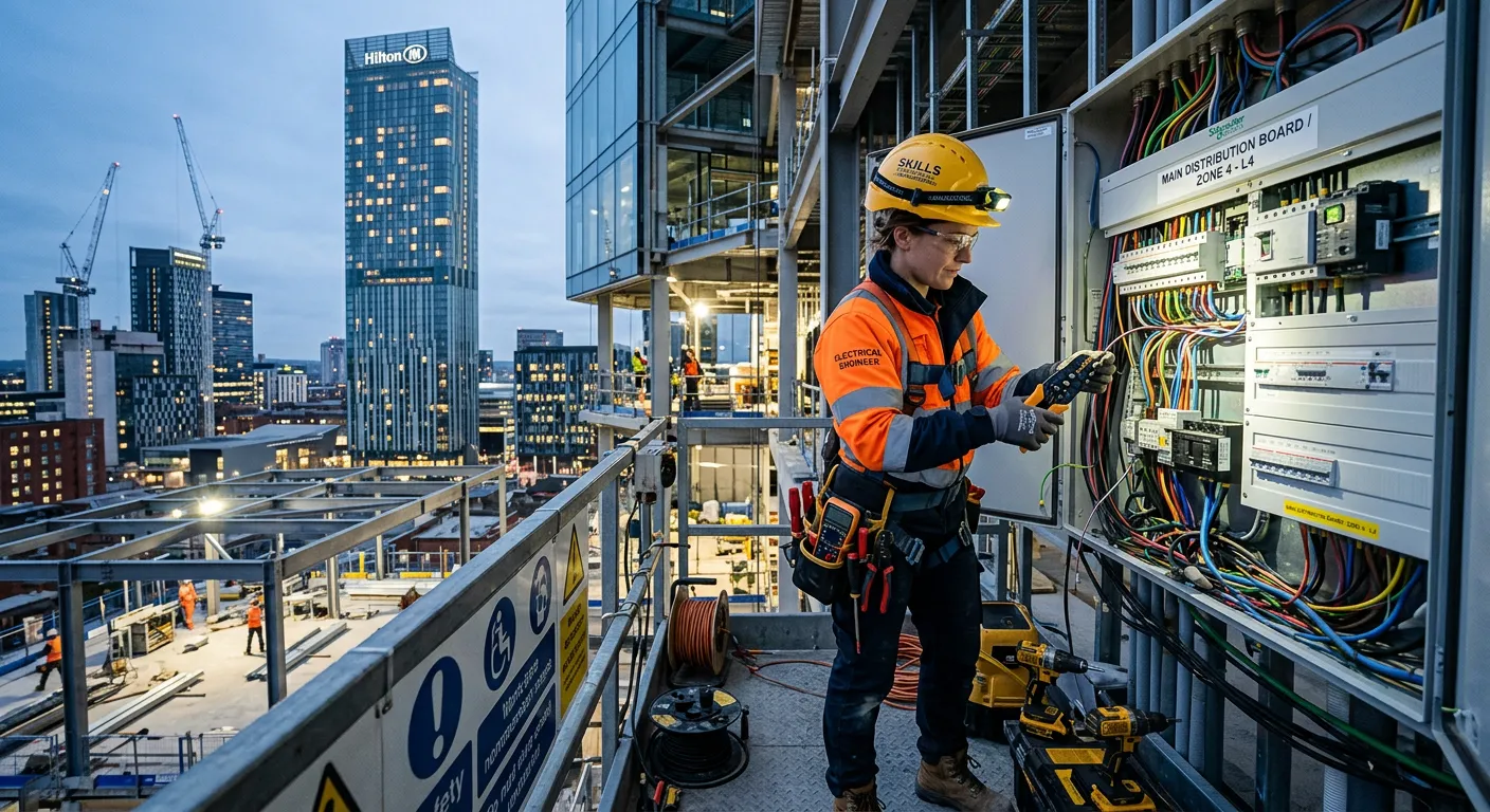 A dynamic, high-energy hero shot of a skilled electrician at work on a modern commercial site in Man... A dynamic, high-energy hero shot of a skilled electrician at work on a modern commercial site in Manchester city centre, with the Beetham Tower in the background. Focus on safety gear, precise work, and a professional setting.