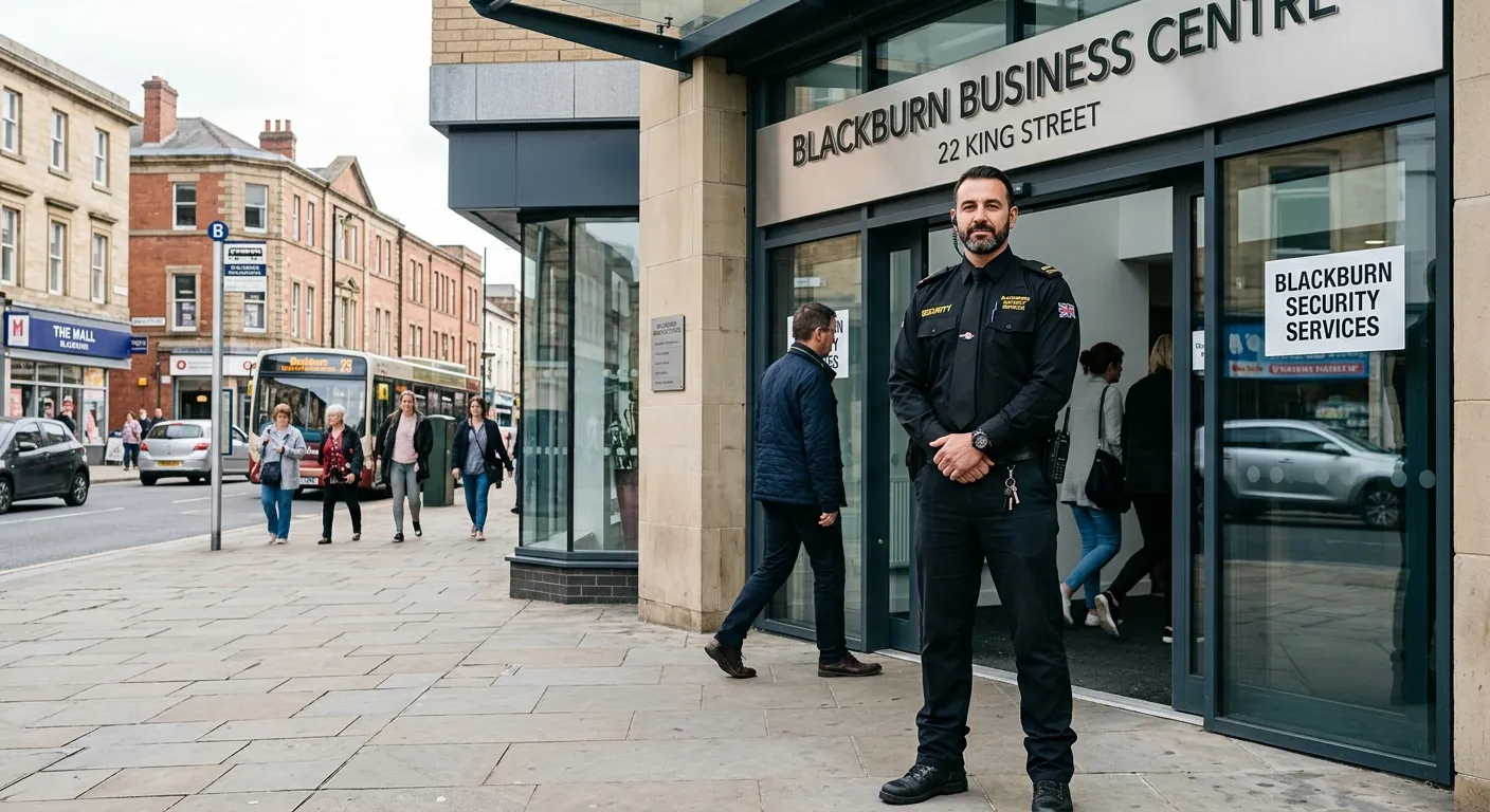 A professional, confident security guard in uniform, standing at the entrance of a modern commercial building in Blackburn, providing a visual of the role in a local context. Style: Professional, authentic, mood: Trustworthy and alert.