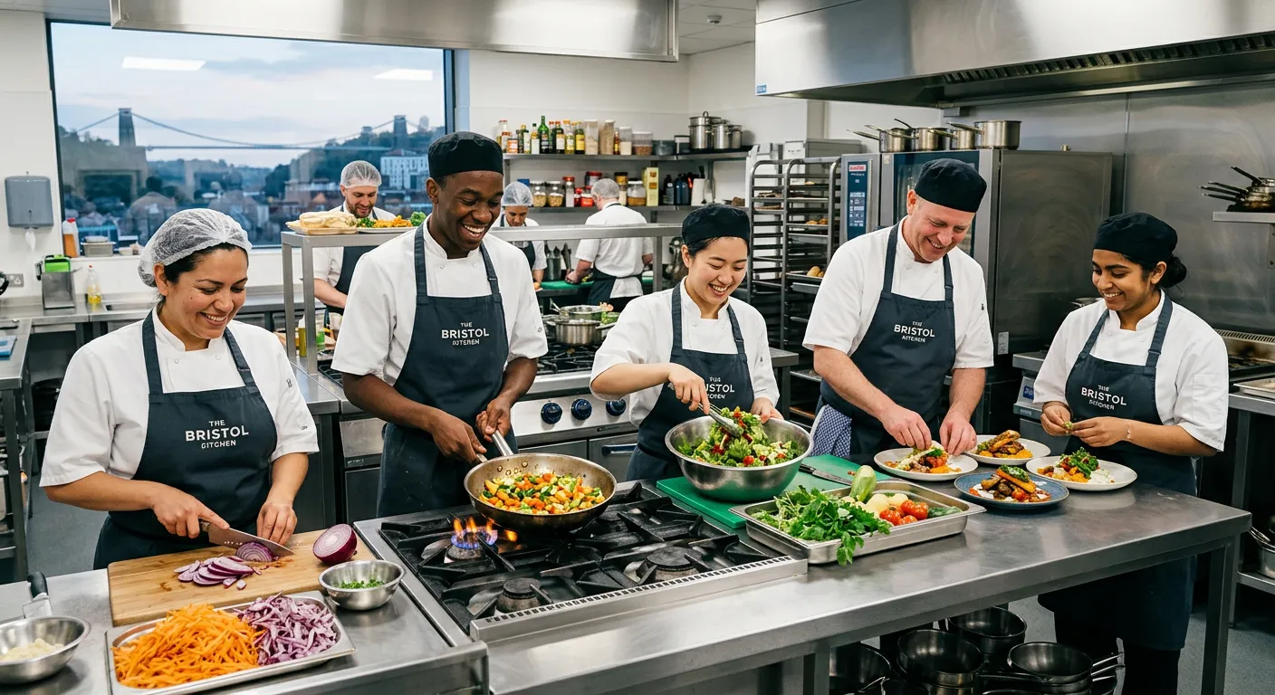 A professional, well-lit photo of a diverse team of kitchen assistants working efficiently in a mode... A professional, well-lit photo of a diverse team of kitchen assistants working efficiently in a modern, clean commercial kitchen in Bristol. They are smiling, wearing chef whites/aprons, and preparing fresh food. The mood is energetic, professional, and welcoming.