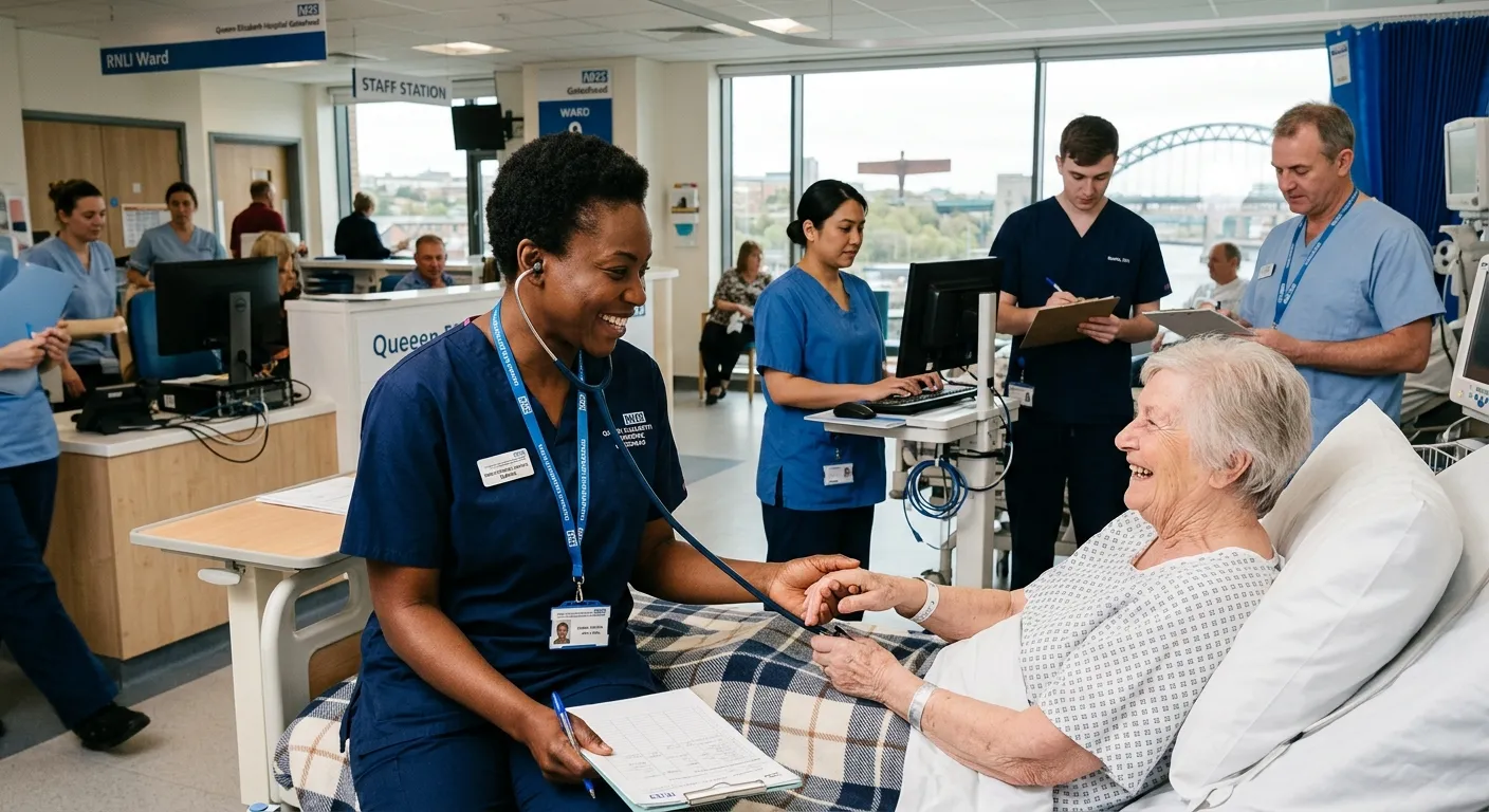 A professional, diverse group of registered nurses in a modern hospital or clinic setting in the North East, looking confident and engaged, with a focus on one nurse interacting with a patient in a Gateshead location. Style: Professional, warm, and trustworthy.