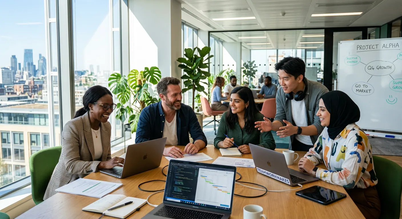 A diverse team of professionals collaborating in a modern, sunlit office. The mood is energetic, pos... A diverse team of professionals collaborating in a modern, sunlit office. The mood is energetic, positive, and forward-thinking. Style: High-resolution corporate photography.