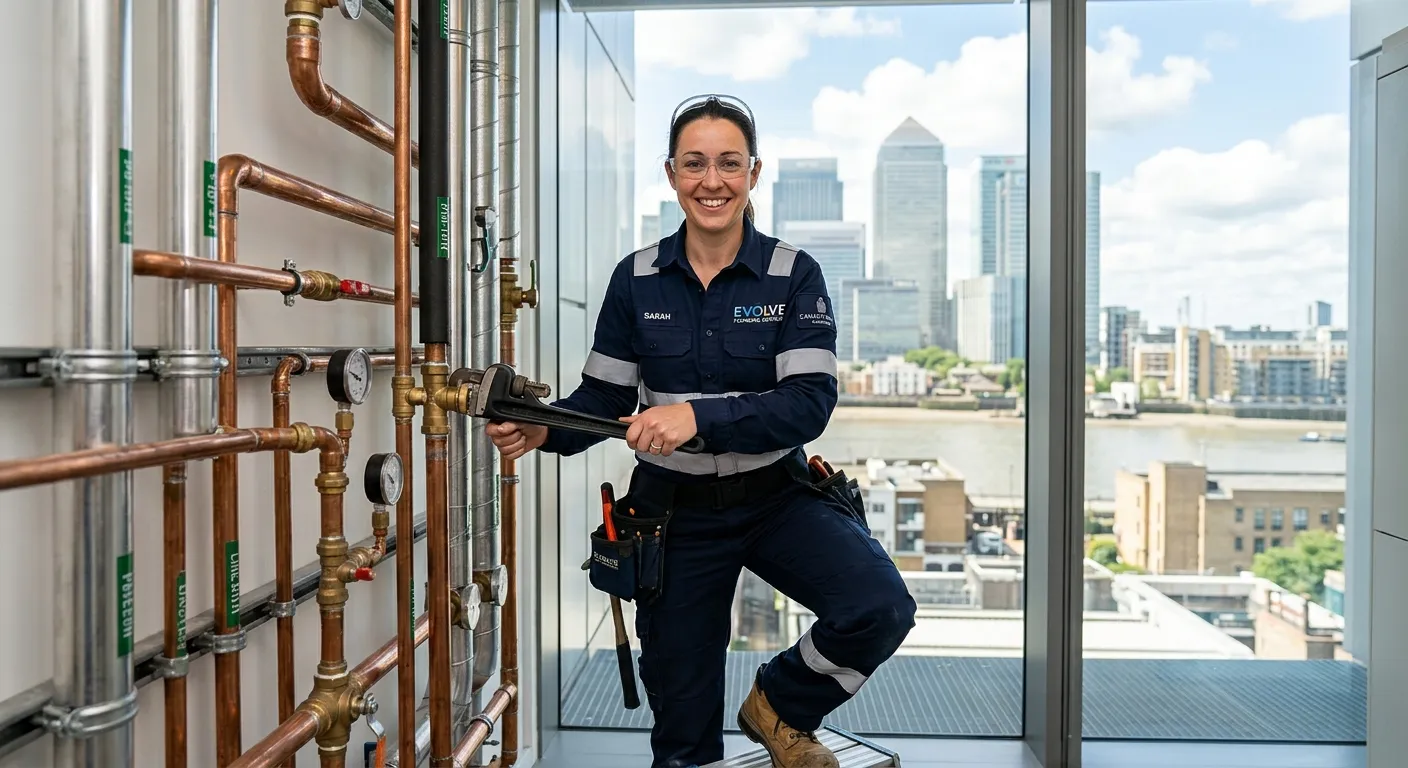 A professional, confident plumber in clean workwear, smiling and holding a wrench, working on modern... A professional, confident plumber in clean workwear, smiling and holding a wrench, working on modern pipework in a bright, well-maintained commercial building in Canary Wharf, London. Style is professional, trustworthy, and energetic.