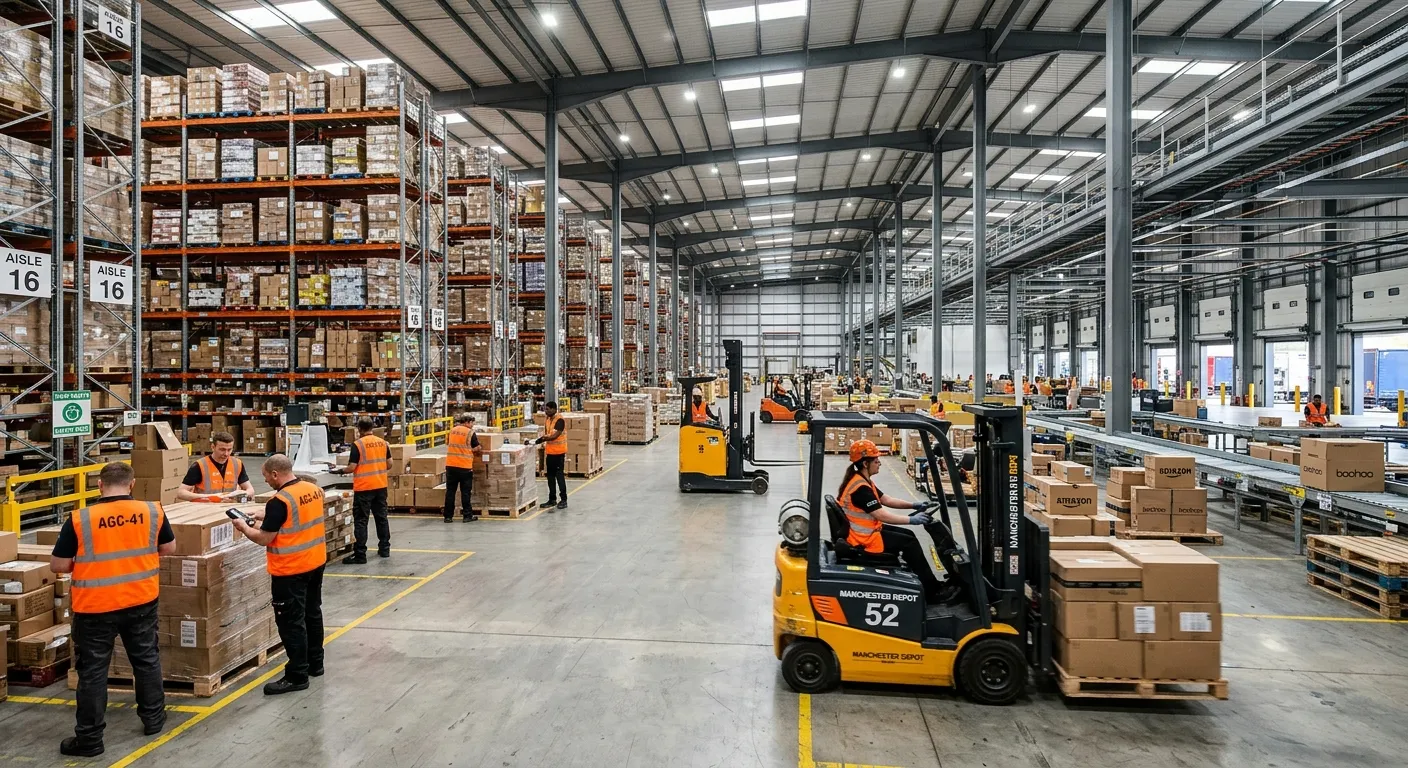 A dynamic, wide-angle photo inside a busy, modern Manchester warehouse or distribution centre, showing agency-sourced workers in high-vis vests operating forklifts and managing inventory, with a sense of scale and organised activity.