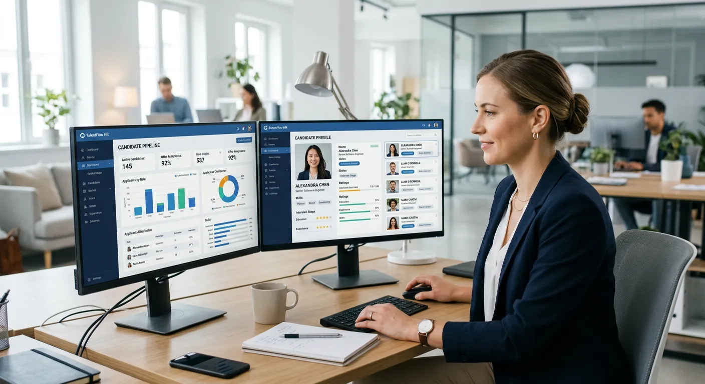 A modern, professional HR manager reviewing candidate profiles on a dual-screen dashboard, with data visualizations and candidate photos visible. Style: clean, bright office environment, focused and efficient mood.