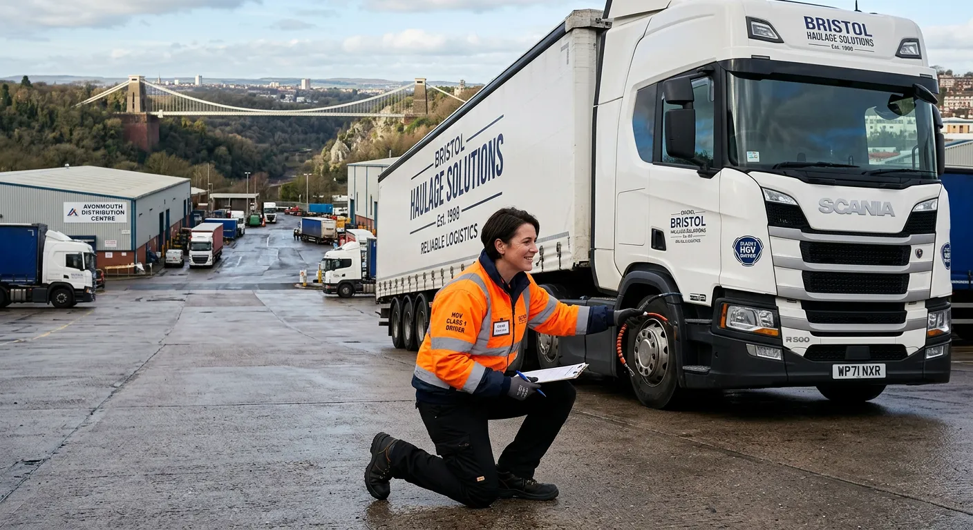 A professional, confident HGV Class 1 Driver in hi-vis attire, performing a vehicle check on a modern articulated lorry in an industrial estate in Bristol, with Clifton Suspension Bridge subtly visible in the background. Style: authentic, high-quality, action-oriented. Mood: professional, reliable, and local.