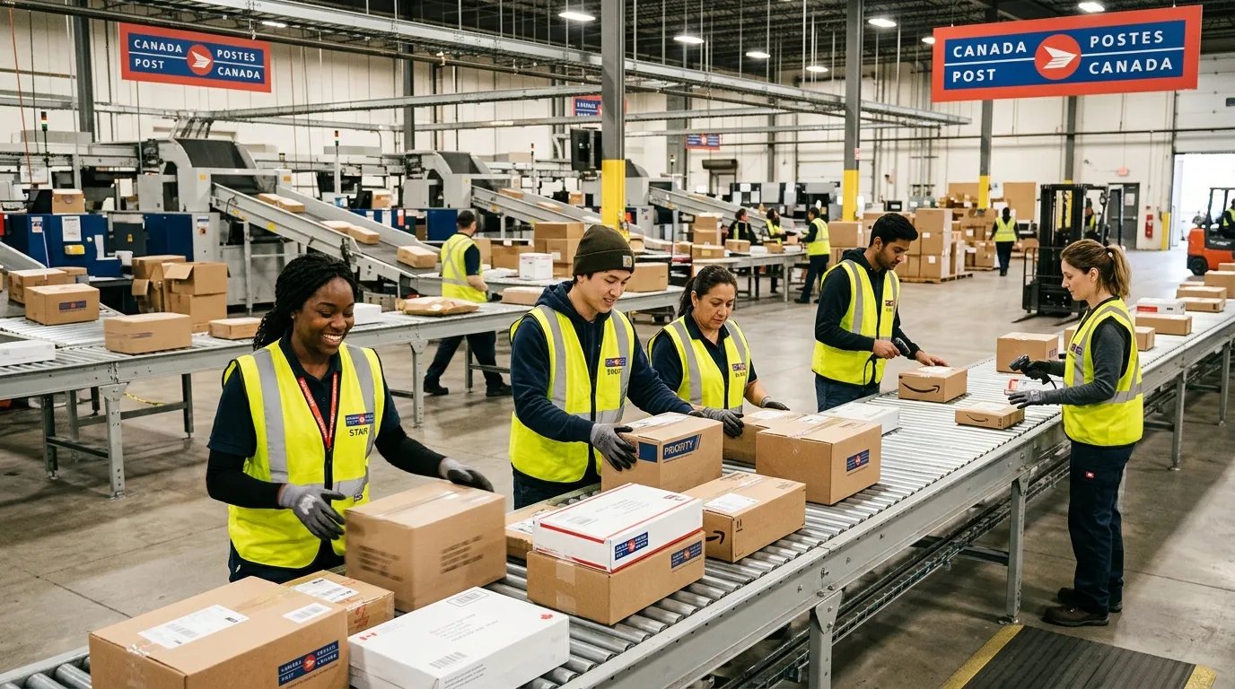 A dynamic, professional hero image showing a diverse group of temporary workers in high-visibility vests sorting parcels and packages in a modern, bustling Canada Post sorting facility. The mood is energetic, efficient, and inclusive, with a focus on action and teamwork.