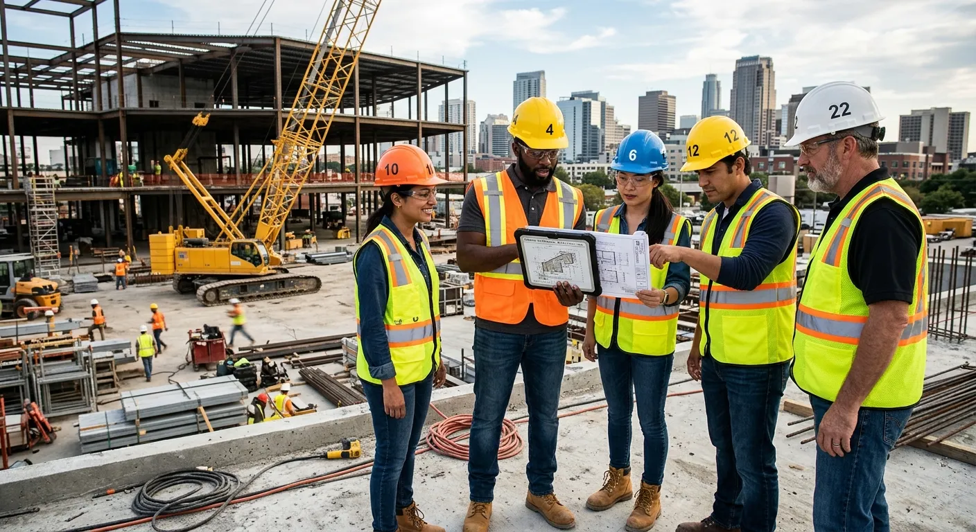 A dynamic, professional hero image showing a diverse team of construction and industrial professiona... A dynamic, professional hero image showing a diverse team of construction and industrial professionals in safety gear, reviewing plans on a tablet at a modern construction site. The style is sharp, high-resolution, with a focus on collaboration and industry. Mood is confident, forward-looking, and professional.
