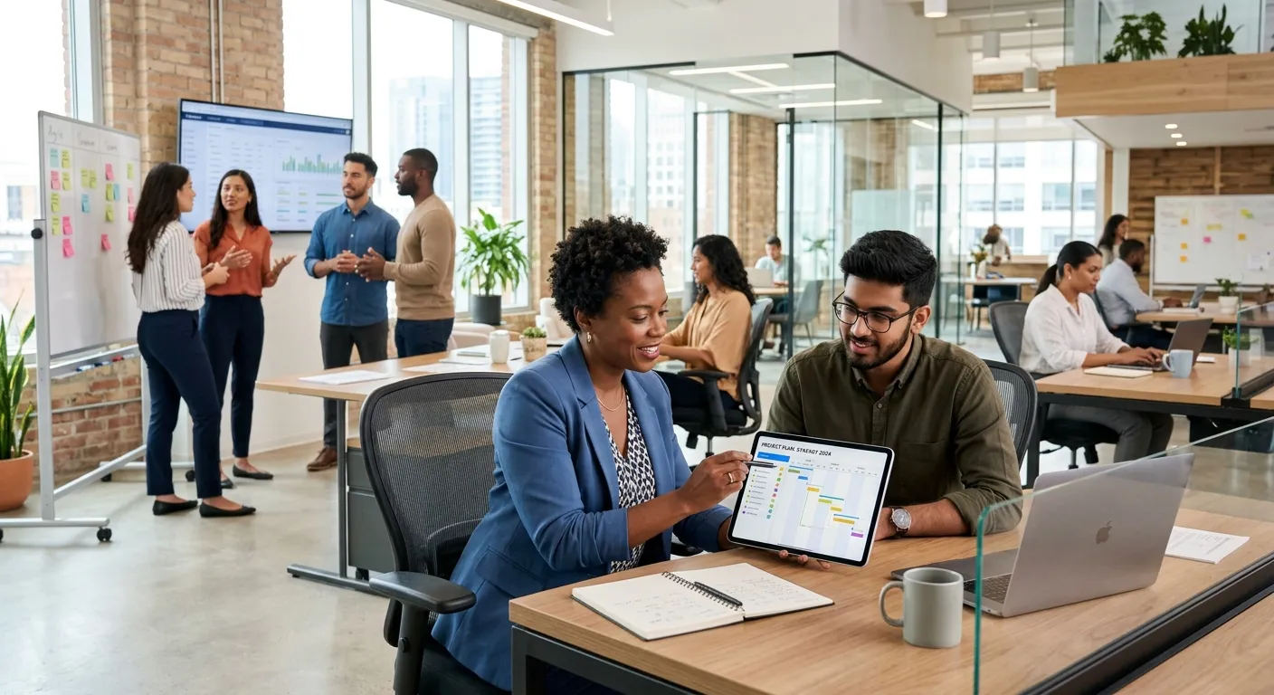A modern, diverse team of professionals collaborating in a bright, airy office. Focus on a manager discussing a project plan on a tablet with a colleague, with others working in the background. Style: Professional, authentic, high-resolution. Mood: Collaborative, efficient, and forward-thinking.
