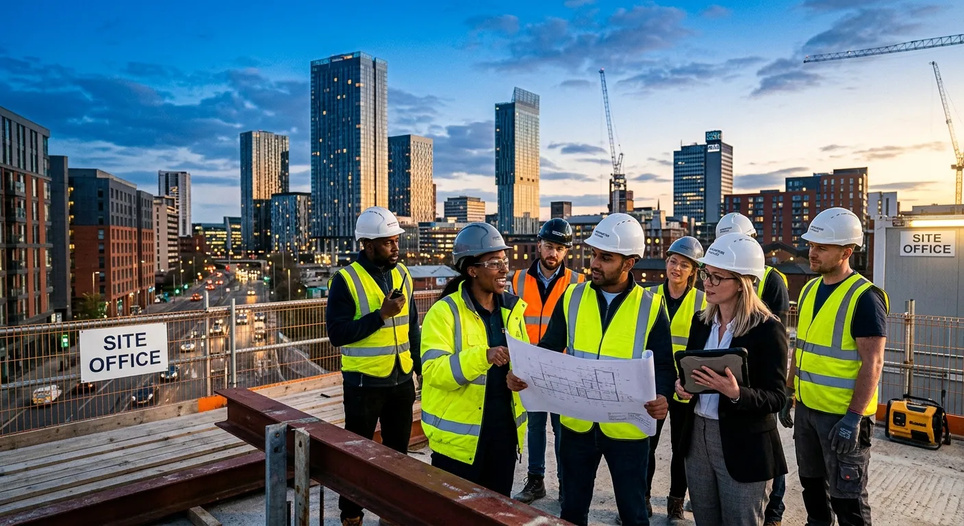 A dynamic, professional hero image showing a diverse group of construction workers and office staff... A dynamic, professional hero image showing a diverse group of construction workers and office staff collaborating on a modern Manchester city-centre site, with the skyline in the background. The mood is energetic, professional, and forward-looking. Warm golden hour light with deep blue skies. Style: high-contrast, cinematic, aspirational.