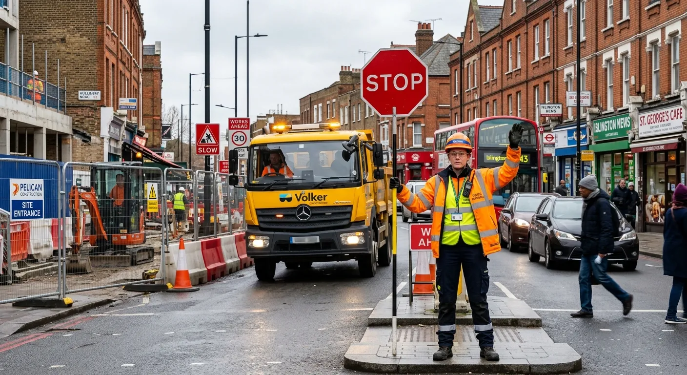 A professional Traffic Marshall in high-visibility PPE, using a 'Stop/Go' board to safely direct a construction vehicle on a busy urban street in Islington, N5. The image should convey authority, safety, and active site management.