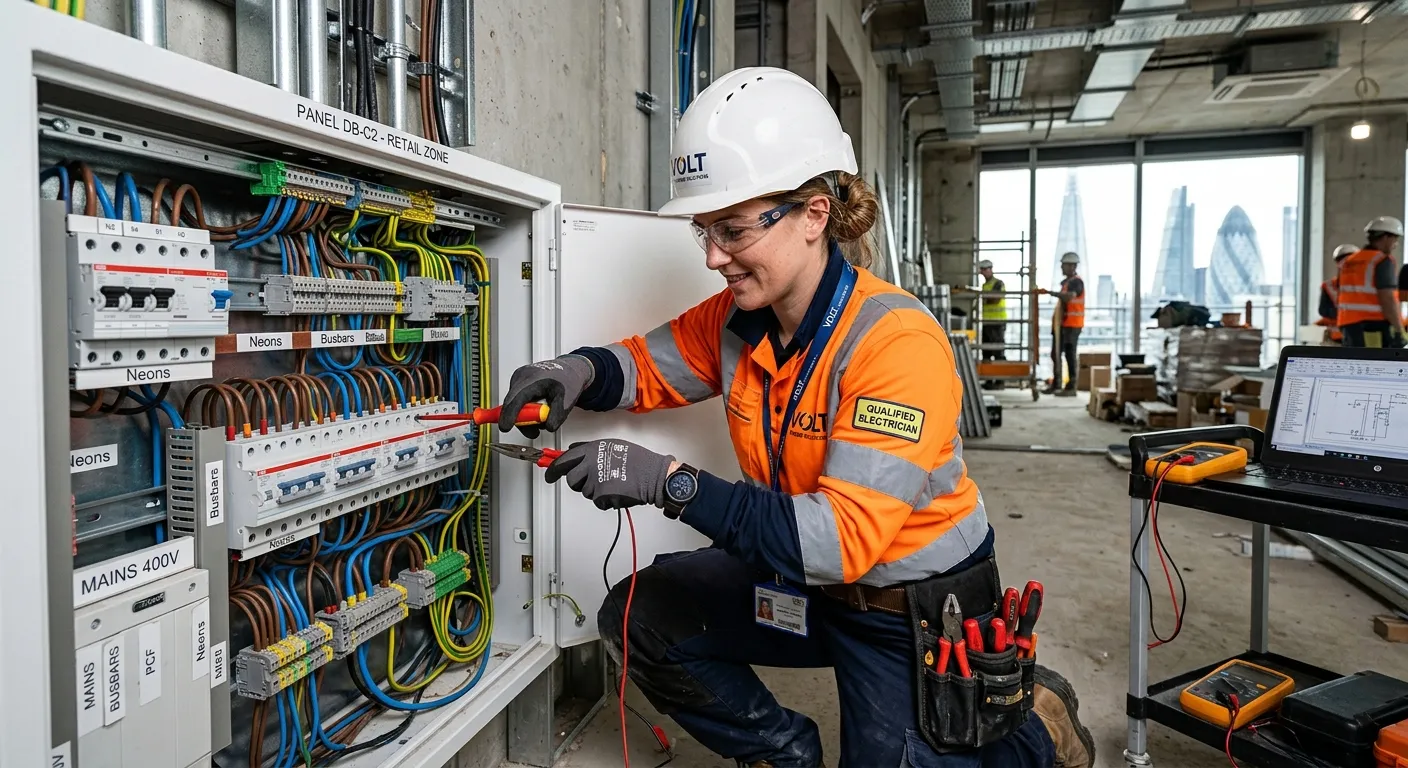 A high-energy, professional photo of a qualified electrician working on a modern commercial electric... A high-energy, professional photo of a qualified electrician working on a modern commercial electrical panel in a London construction site, wearing full PPE. The mood is focused, skilled, and reliable.