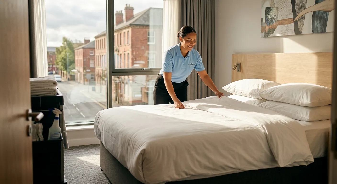 A professional, friendly room attendant in a crisp uniform making a hotel bed in a modern, clean hotel room in Blackburn. Sunlight streams through the window, highlighting the detail and cleanliness. The image should feel warm, professional, and inviting.