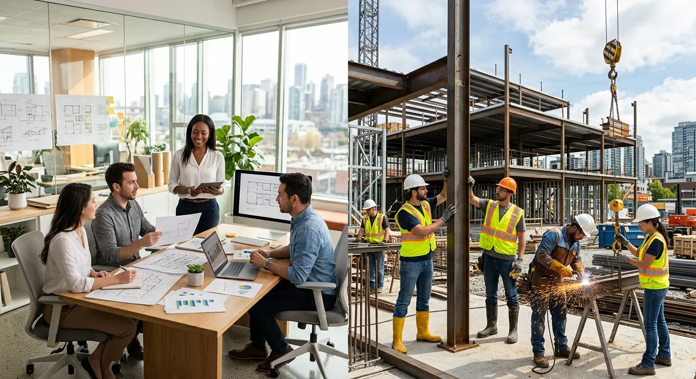 A dynamic, modern office and construction site split-screen image. Left side shows professionals col... A dynamic, modern office and construction site split-screen image. Left side shows professionals collaborating in a bright, glass-walled office. Right side shows skilled tradespeople on a construction site. Visual theme is connection and synergy between diverse talent pools.