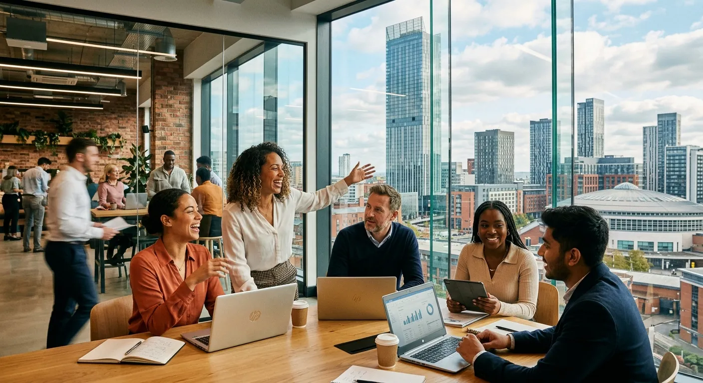 A dynamic, professional photo of Manchester's skyline (Beetham Tower, modern buildings) blending into a diverse group of professionals in a collaborative office setting. Style: Modern, vibrant, hopeful. Mood: Energetic, professional, connected.