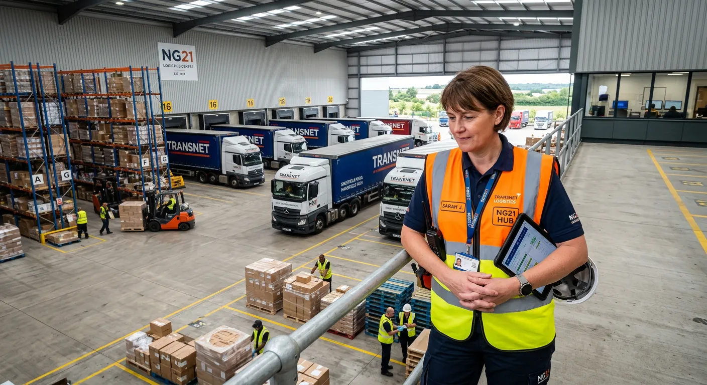 A professional, confident Transportation Manager in a high-visibility vest, overseeing logistics ope... A professional, confident Transportation Manager in a high-visibility vest, overseeing logistics operations at a modern distribution centre in the NG21 area. The image should convey authority, efficiency, and a busy, well-organised work environment.