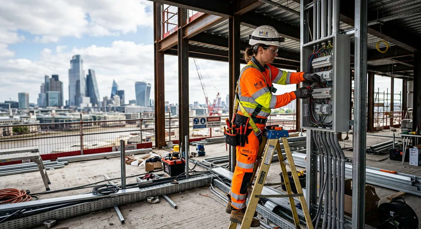 A dynamic, professional photo of a certified electrician in high-visibility clothing working safely... A dynamic, professional photo of a certified electrician in high-visibility clothing working safely on a modern commercial construction site in London, with the city skyline blurred in the background. Style: Modern, inspiring, high-contrast.