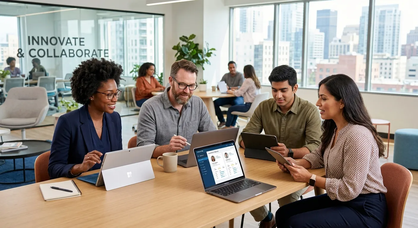A diverse group of modern professionals in a bright, collaborative office environment, reviewing dig... A diverse group of modern professionals in a bright, collaborative office environment, reviewing digital candidate profiles on sleek tablets and laptops. Style: Professional, vibrant, forward-thinking. Mood: Efficient, innovative, and inclusive.