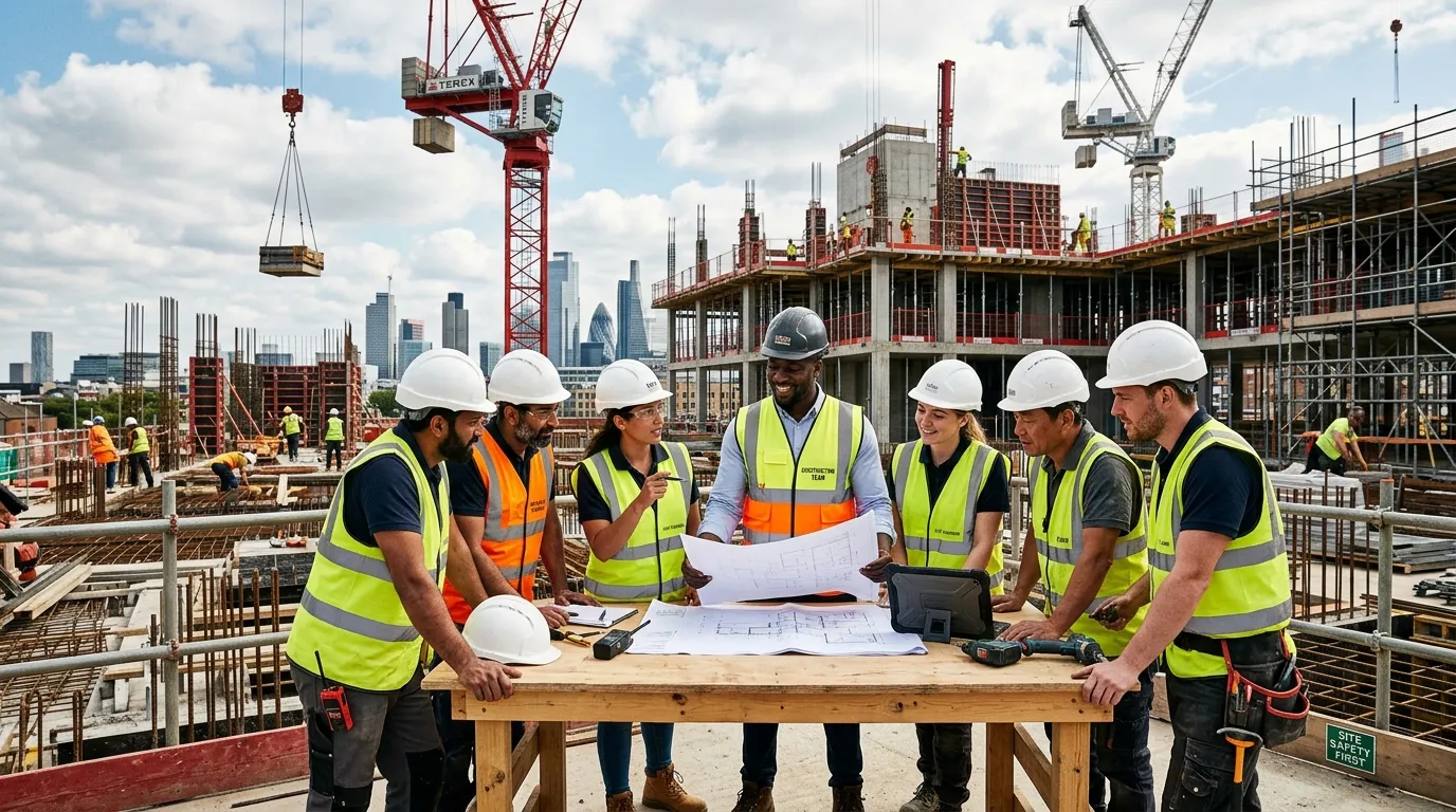 A dynamic, high-resolution hero image of a diverse team of skilled construction workers and site man... A dynamic, high-resolution hero image of a diverse team of skilled construction workers and site managers collaborating on a modern building site, with cranes in the background. Style: Professional, aspirational, and busy. Mood: Productive, reliable, and forward-looking.