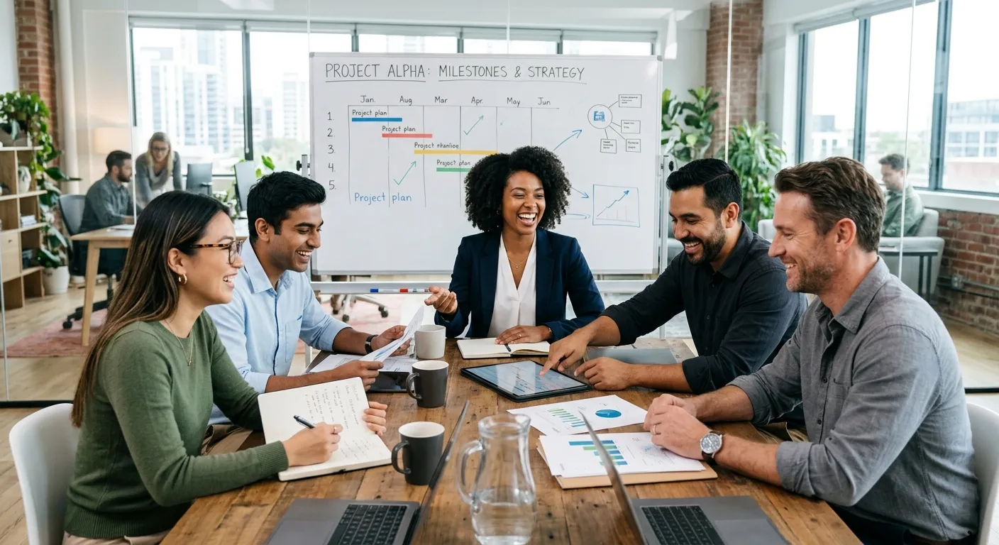 A diverse group of professional employees collaborating in a modern, well-lit office environment, sm... A diverse group of professional employees collaborating in a modern, well-lit office environment, smiling and discussing a project plan. Style: professional stock photo, bright and aspirational mood.