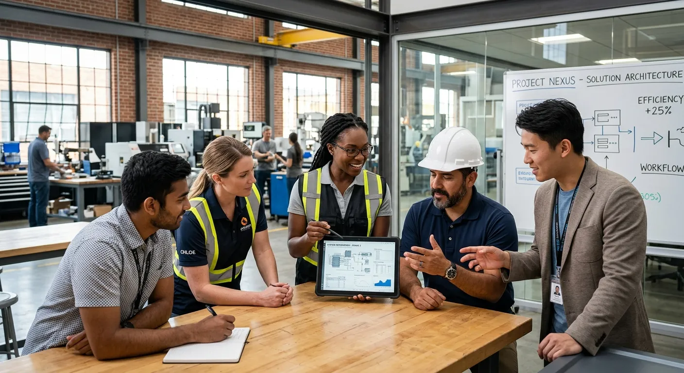 A diverse group of professional workers in an industrial or modern office setting, collaborating aro... A diverse group of professional workers in an industrial or modern office setting, collaborating around a tablet or blueprint. Style is professional, high-resolution, with a focus on teamwork and dynamic energy. Mood is confident, forward-looking, and solution-oriented.