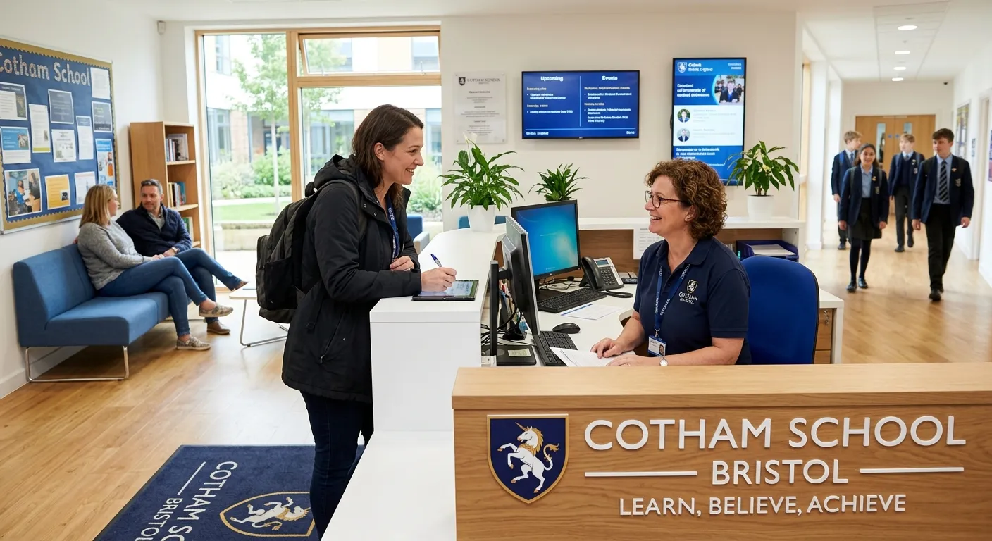 A professional, welcoming school reception area in a modern Bristol school, with a friendly receptionist smiling and assisting a visitor. Bright, clean, and professional atmosphere.
