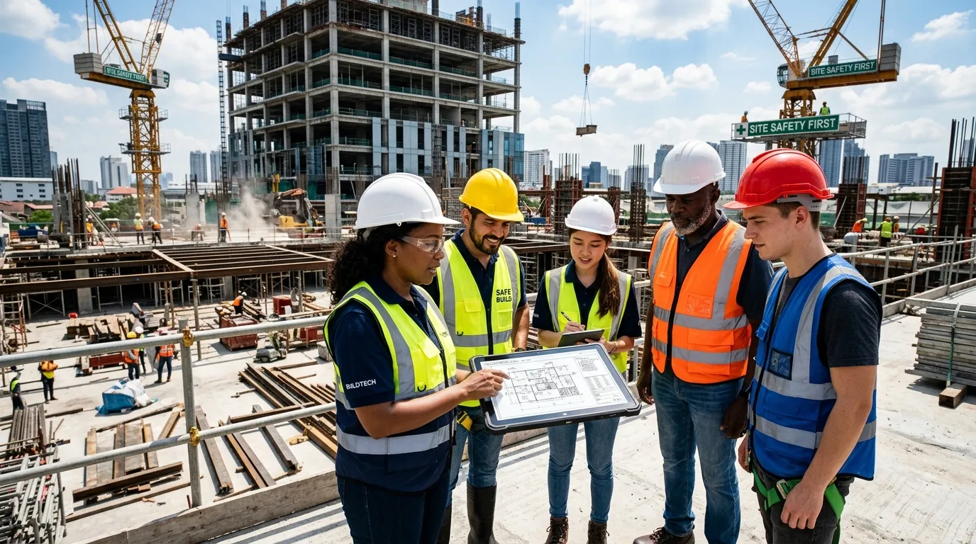 A dynamic, professional hero image showing a diverse team of construction workers and a site manager... A dynamic, professional hero image showing a diverse team of construction workers and a site manager reviewing plans on a modern tablet against the backdrop of a busy, safe construction site. Style: Modern, high-contrast, aspirational. Mood: Professional, efficient, and collaborative.
