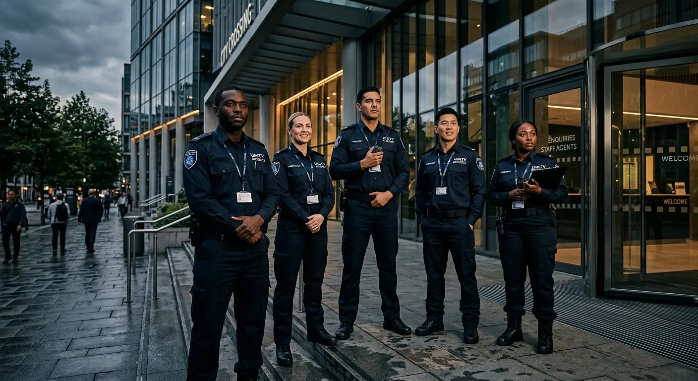 A professional, diverse team of uniformed security personnel standing confidently at the entrance of a modern commercial building, representing a reliable Security Staff Agency. The image should convey safety, vigilance, and professionalism, with a slightly moody, high-contrast style.