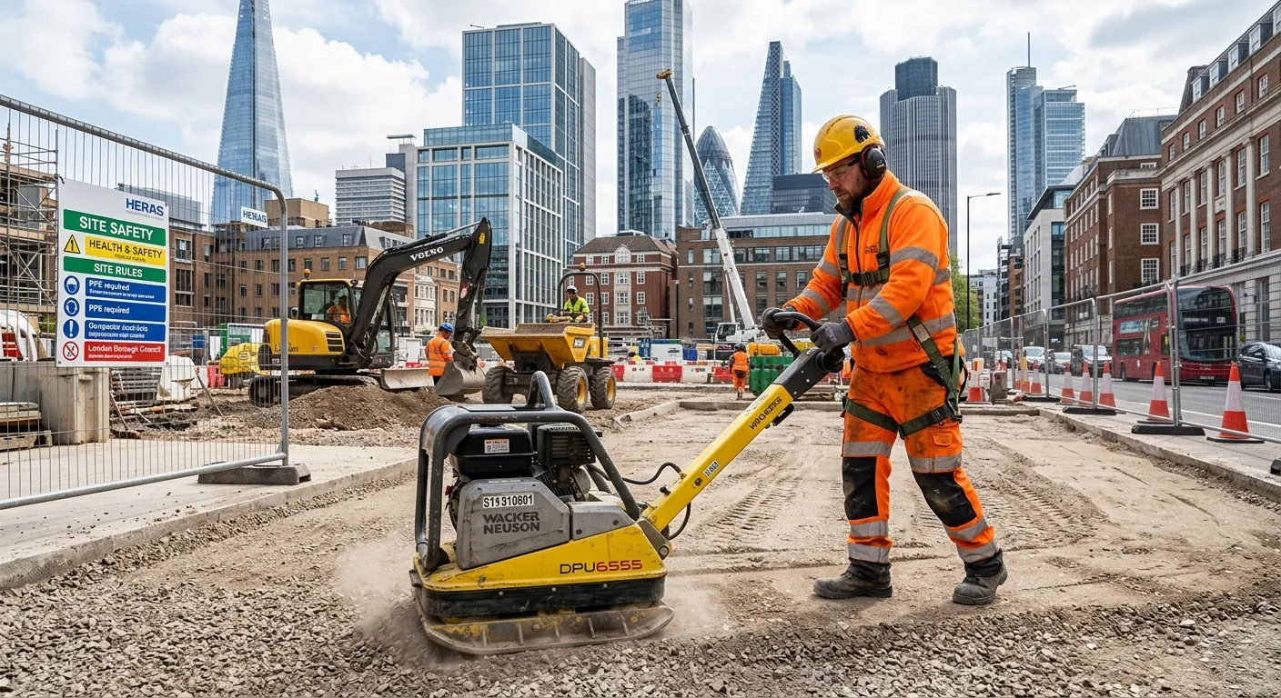 A professional, high-resolution photo of a skilled groundworker operating a vibrating plate compactor on a well-organised construction site in an urban London setting, wearing full hi-vis PPE, with modern buildings in the background. The image should convey professionalism, safety, and activity.