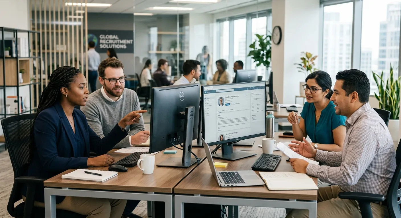 A professional, diverse group of staffing agents in a modern office, reviewing candidate profiles on... A professional, diverse group of staffing agents in a modern office, reviewing candidate profiles on dual monitors, looking focused and collaborative. Style: Bright, contemporary business photography with a natural feel.