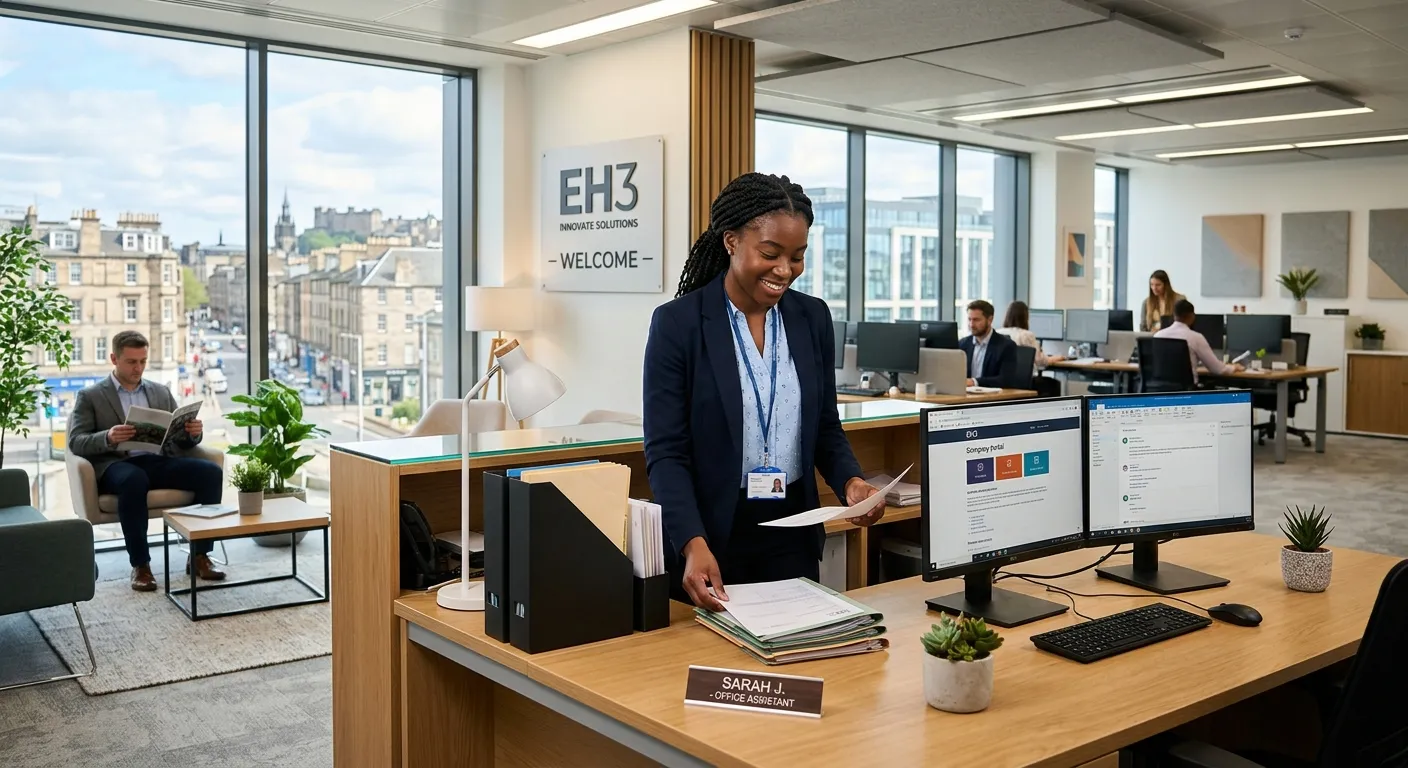 A professional, welcoming office environment in a modern Edinburgh EH3 business district, featuring... A professional, welcoming office environment in a modern Edinburgh EH3 business district, featuring a diverse Office Assistant efficiently managing documents and a reception area. Style: Bright, crisp, and inviting, with a focus on organisation and productivity.