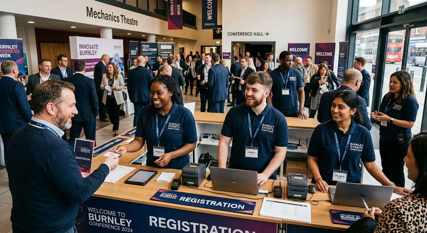 A diverse group of professional Event Staff members smiling and working together at a bustling confe... A diverse group of professional Event Staff members smiling and working together at a bustling conference or exhibition in Burnley, showing a mix of set-up, registration, and guest interaction.
